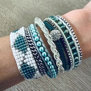 Victoria Emerson Teal Blue Multistrand Beaded Cuff Bracelet